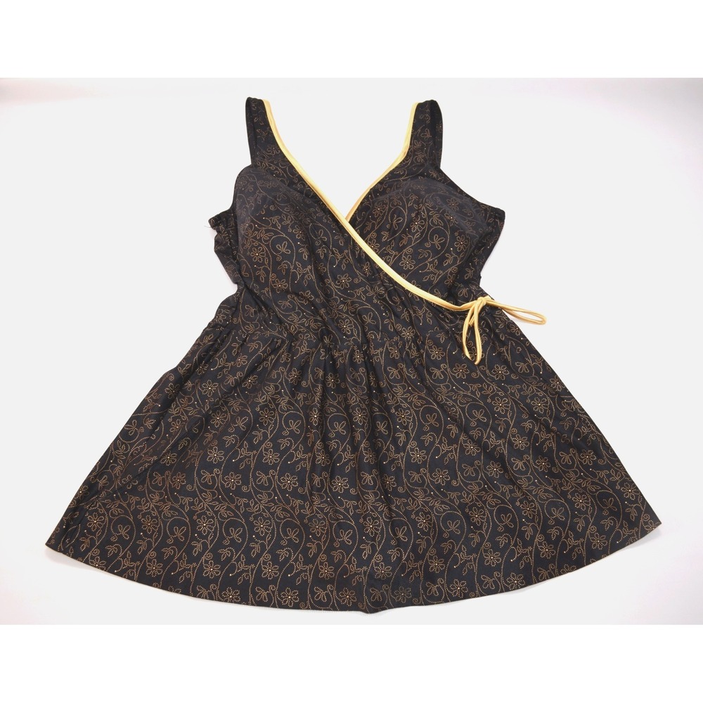 ROBBY LEN Swimsuit Womens Size 22W‎ One Piece Black w/ Gold Floral Pattern